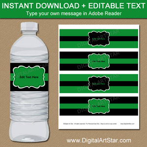 Green and Black Water Bottle Labels for Birthday Party