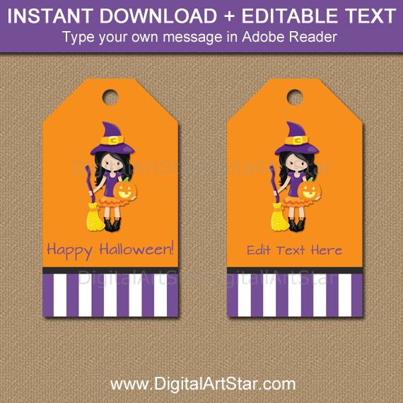 Witch Halloween Birthday Tags Editable Template