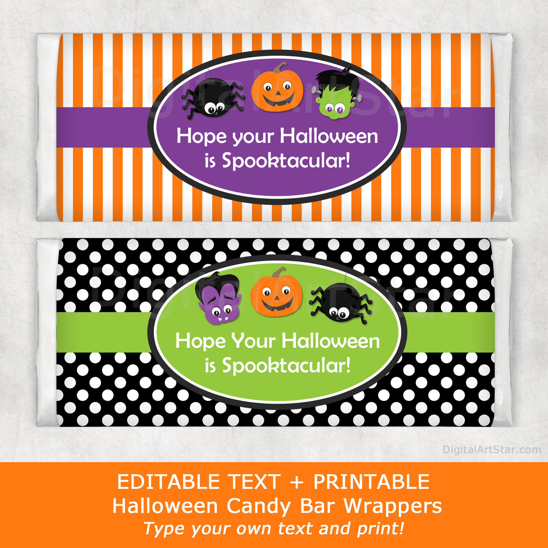 Halloween Candy Bar Wrappers with Monsters, Jack-o-Lantern, Spider