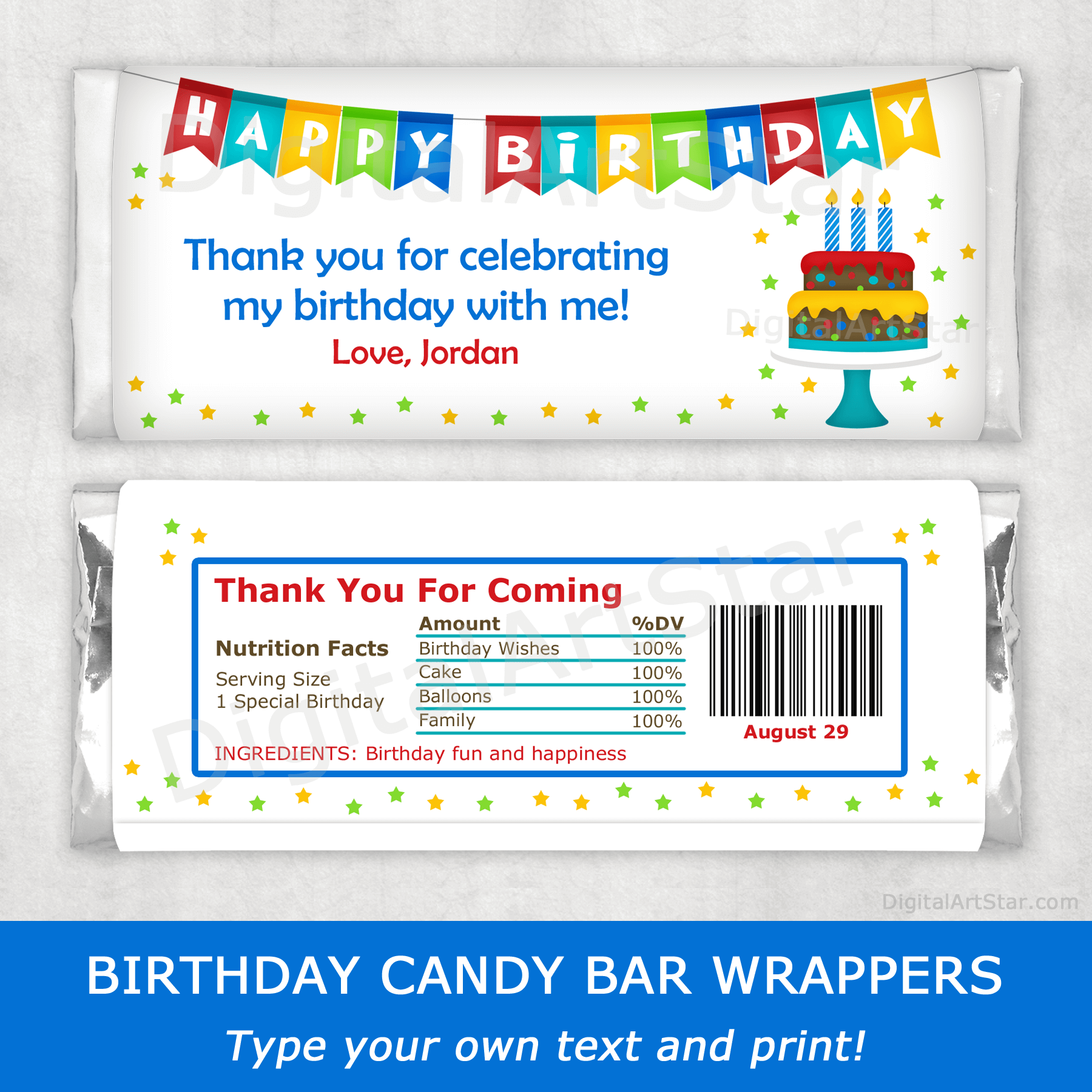 Happy Birthday Candy Bar Wrapper Template with Cake Image