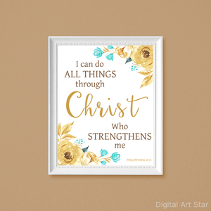 I Can Do All Things Through Christ Art Printable Gold Teal Brown
