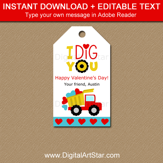 Dump Truck Valentine Printable Tags That Say I Dig You