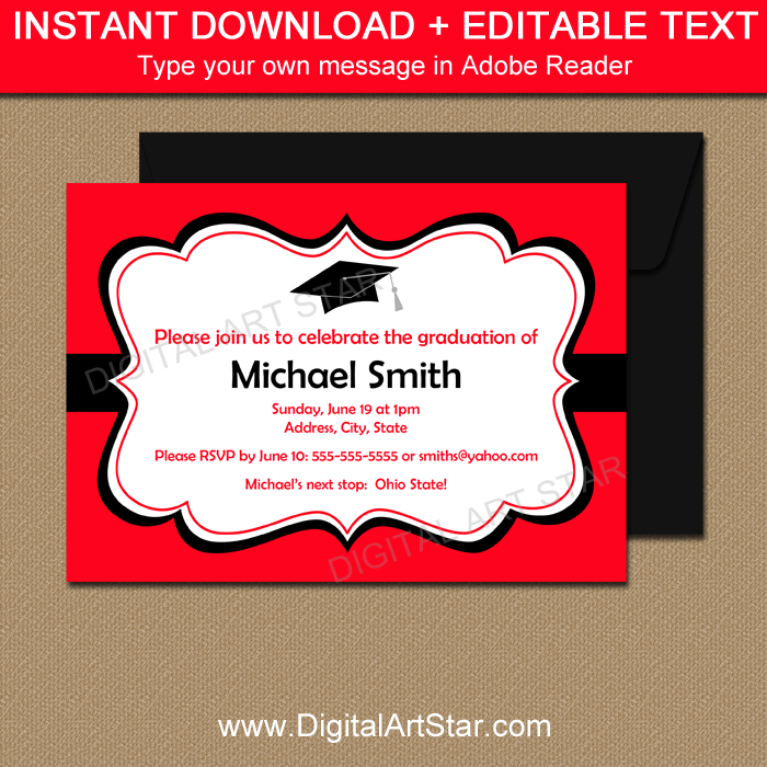 Instant Download Graduation Invitations Red and Black