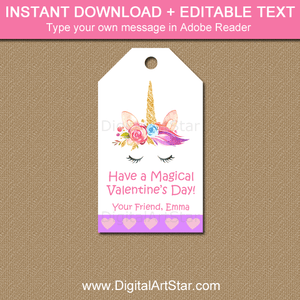 Magical Unicorn Valentine Tags for School Classroom Party