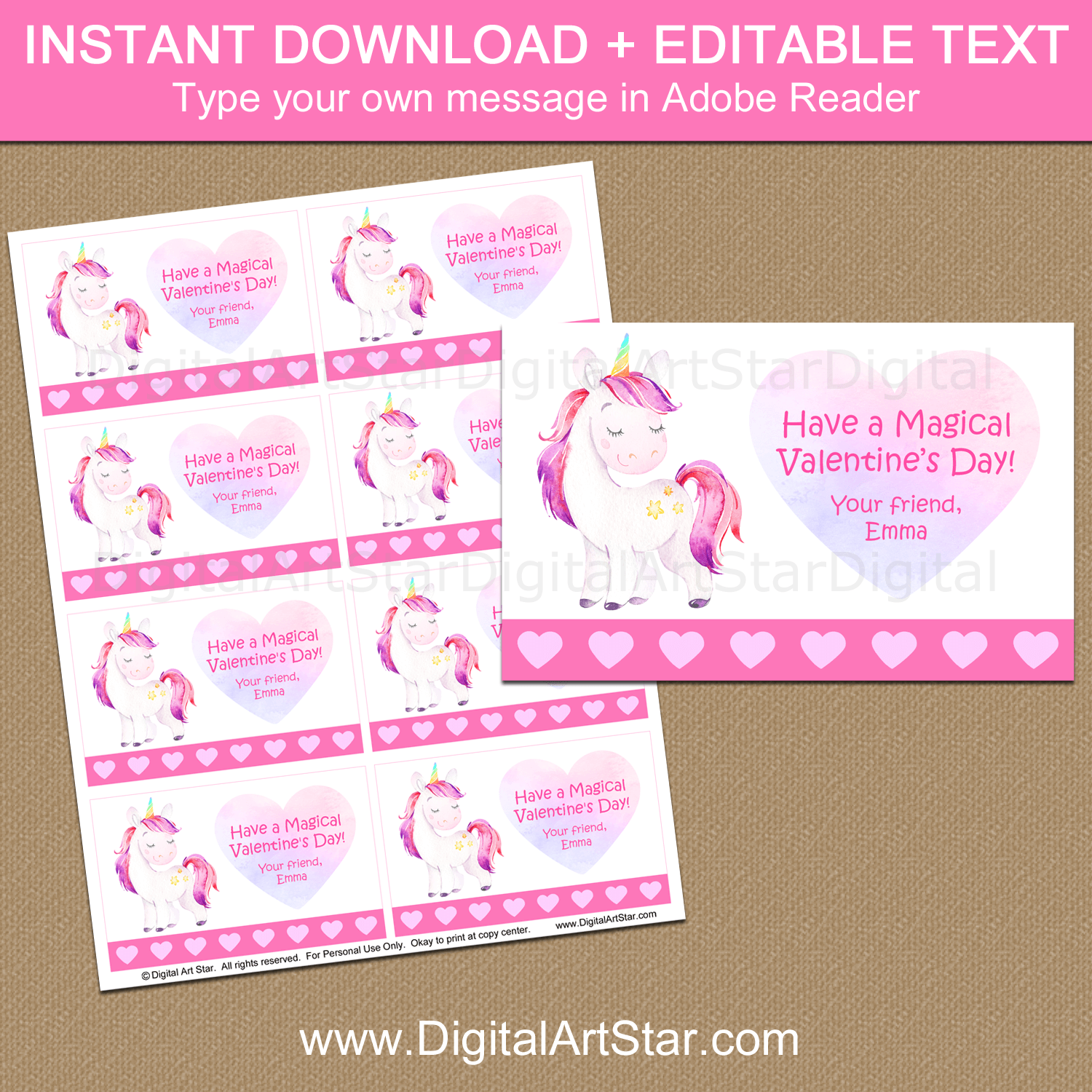 Magical Unicorn Valentines Day Cards Printable