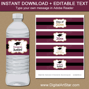 Maroon Gold Black Water Bottle Labels for Graduation Party