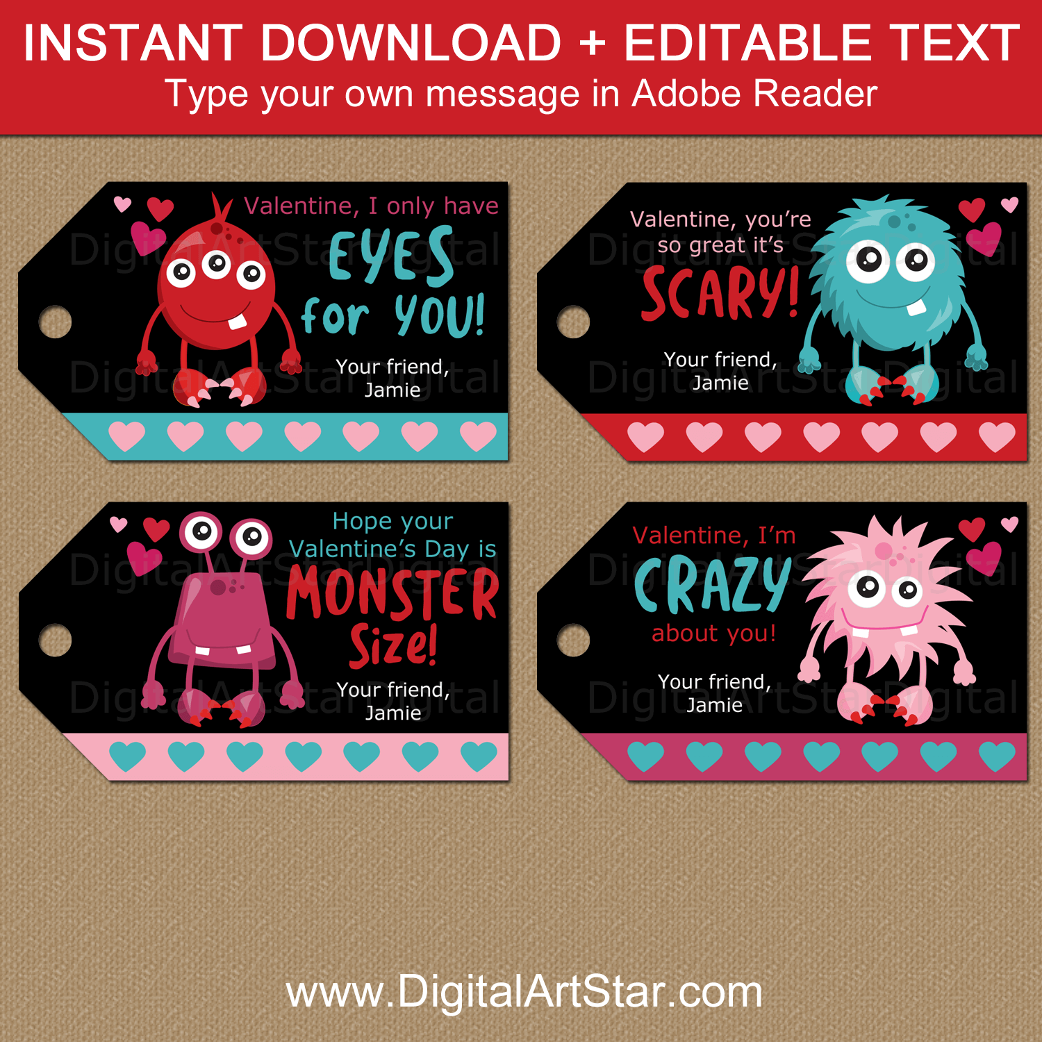 Black Monster Valentine Gift Tags Template Instant Download