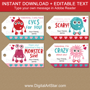 Monster Valentines Day Gift Tags for Kids