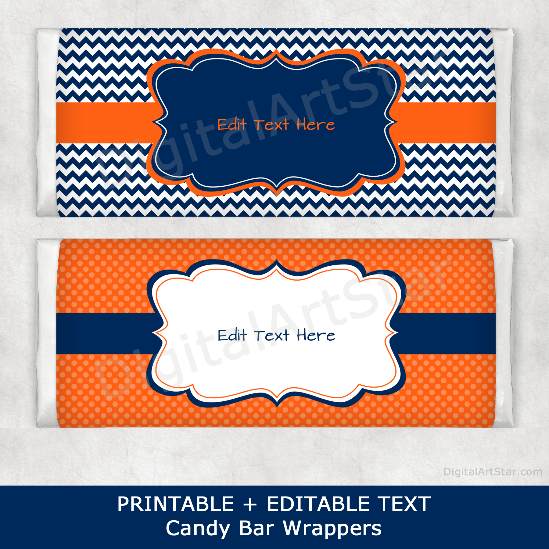 Orange and Navy Blue Printable Candy Bar Wrappers with Editable Text