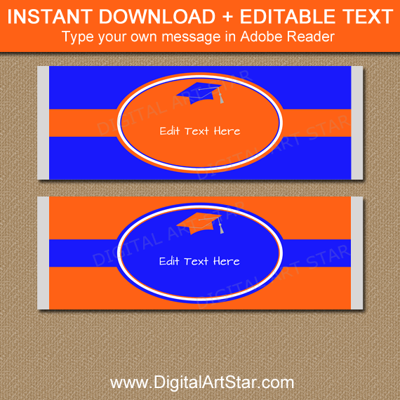 Orange and Blue Graduation Candy Bar Wrappers Instant Download