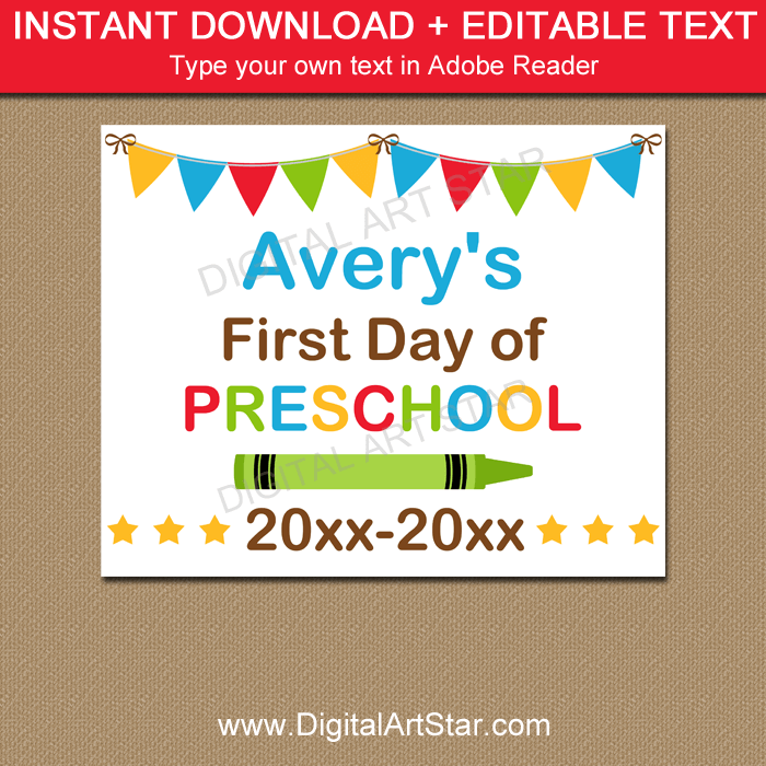Personalized First Day of Preschool Sign Editable Template