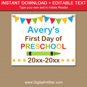 Personalized First Day of Preschool Sign Editable Template