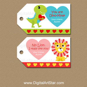 Personalized Dino Valentine Tags and Lion Valentine Tags