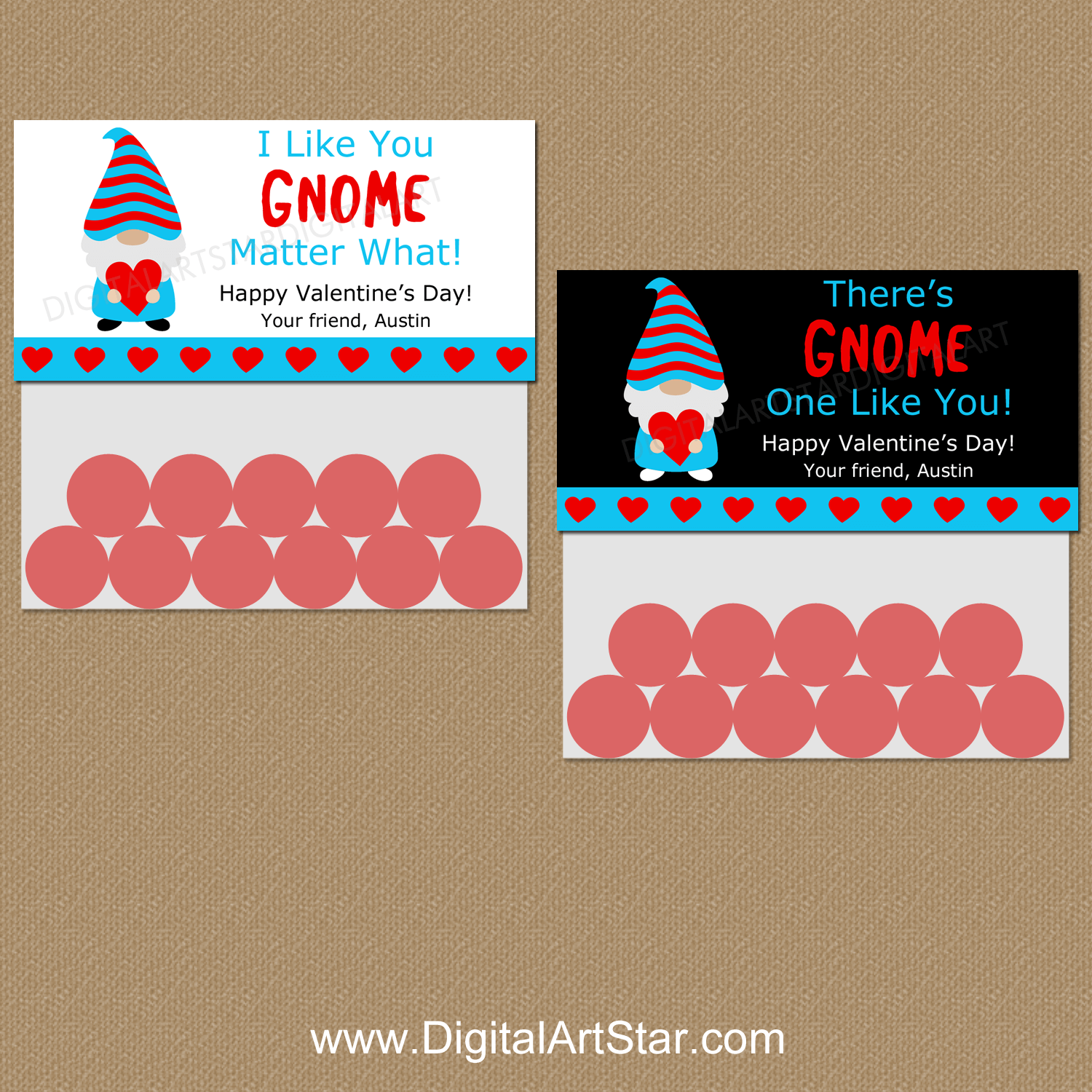 Personalized Gnome Valentine Candy Bag Toppers Printable