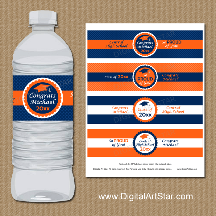 Personalized Graduation Water Bottle Labels Orange Navy White