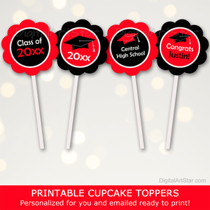 Personalized Red Black Graduation Cupcake Toppers Printable