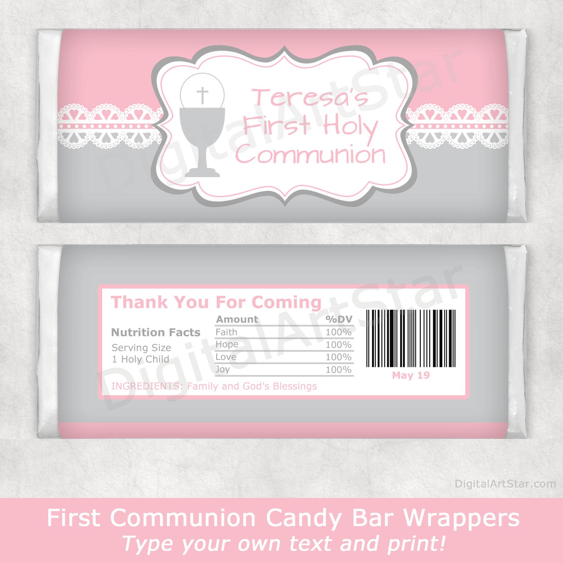 Pink and Gray First Communion Personalized Chocolate Bar Wrappers