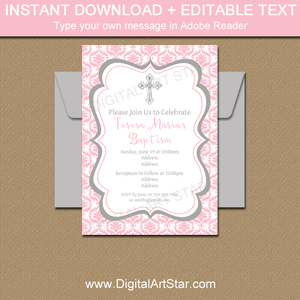 Instant Download Pink Damask Baptism Invitation Girl