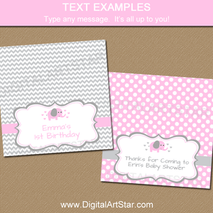 Printable Pink Elephant Bag Toppers for Baby Shower Favors and Girl Birthday Favors