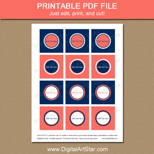Printable Cupcake Toppers Coral Navy Blue and White