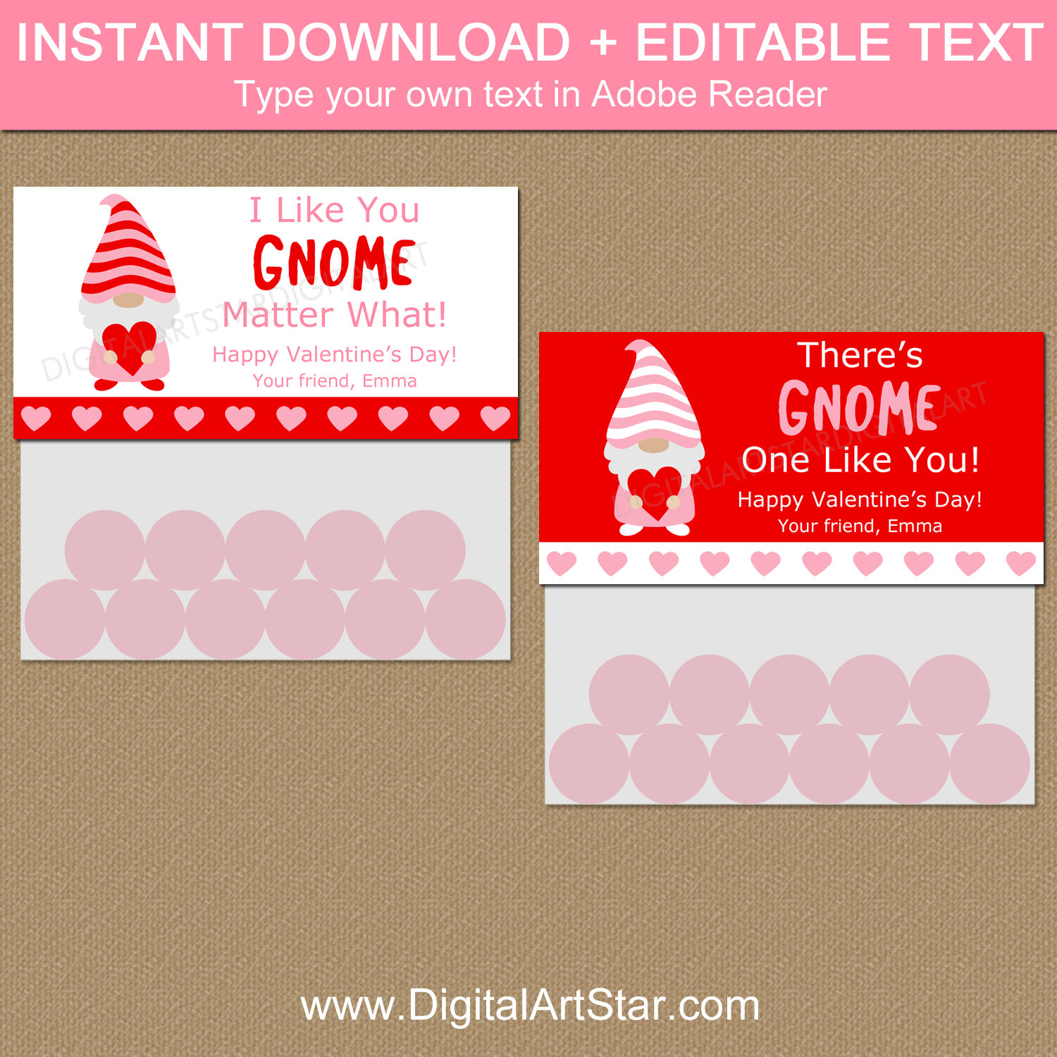 Instant Download Gnome Valentine Bag Toppers Editable Template