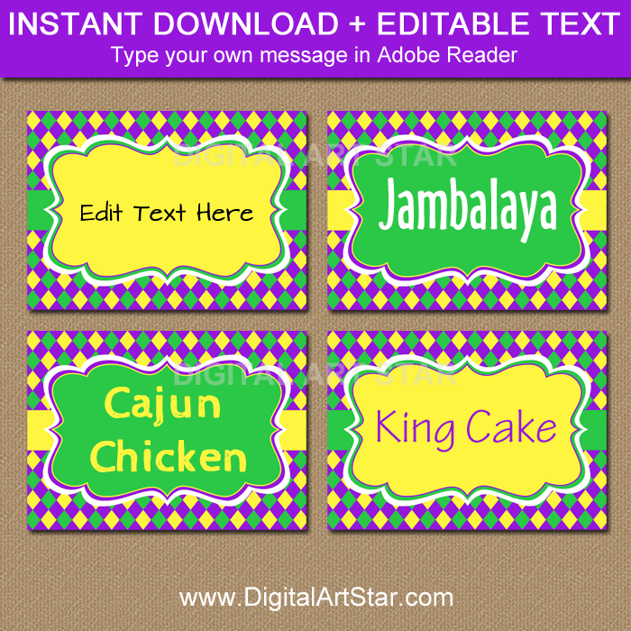 Printable Mardi Gras Labels with Editable Text