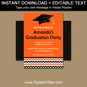 Editable Graduation Invitations in Orange, Black, White