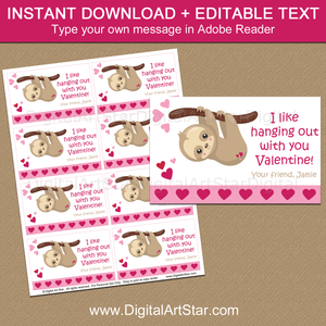Instant Download Valentine Sloth Cards for School Party