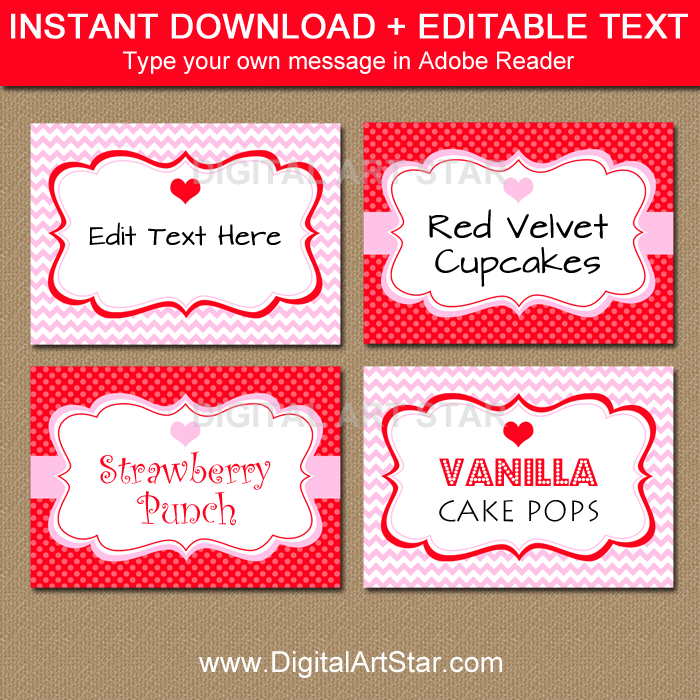 Printable Valentine's Day Food Labels in Pink and Red