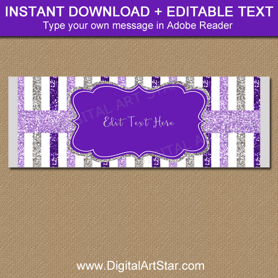 Purple Lavender Silver Glitter Candy Wrappers Printable