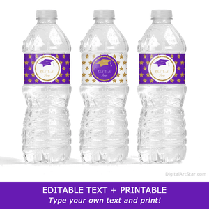 Purple Graduation Water Bottle Labels Editable Template