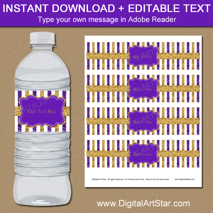 Purple and Gold Glitter Water Bottle Labels