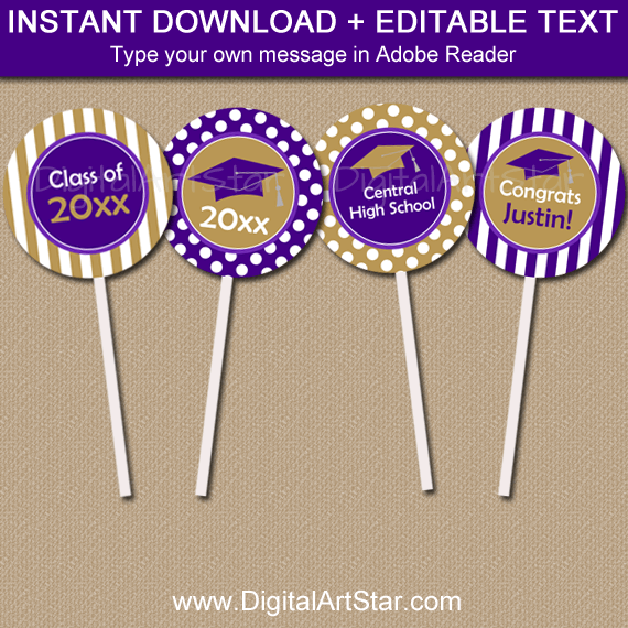 Purple and Gold Graduation Party Cupcake Toppers 