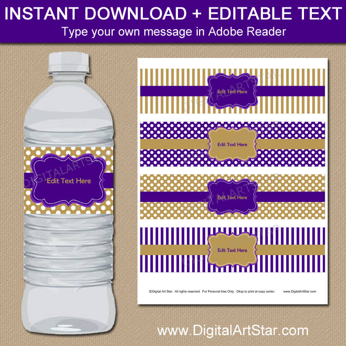 Instant Download Purple and Gold Water Bottle Labels
