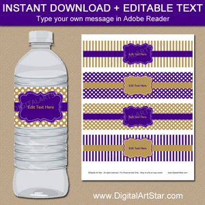 Instant Download Purple and Gold Water Bottle Labels