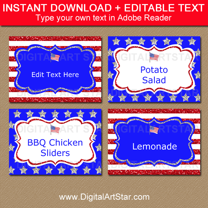 Red White and Blue Buffet Labels for 4th of July Party