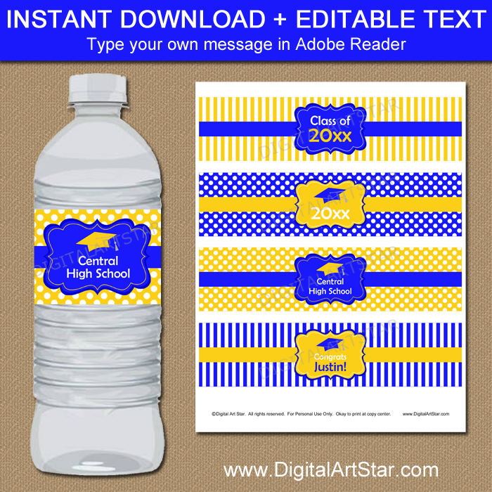 Royal Blue and Yellow Graduation Water Bottle Labels Editable