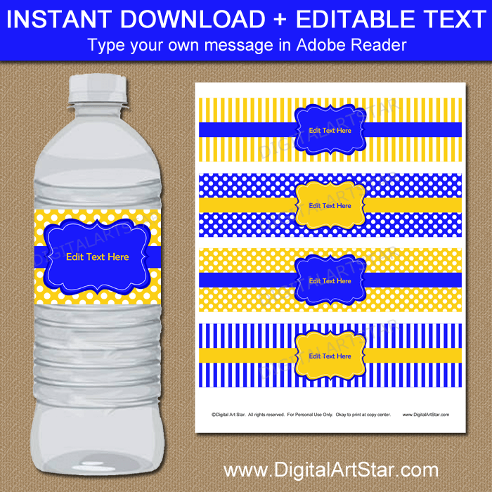 Instant Download Royal Blue and Yellow Water Bottle Stickers