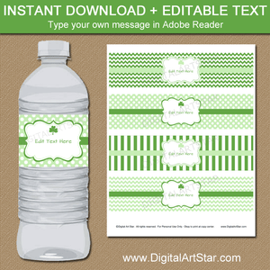 Green and White St Patricks Day Water Bottle Labels Editable Template