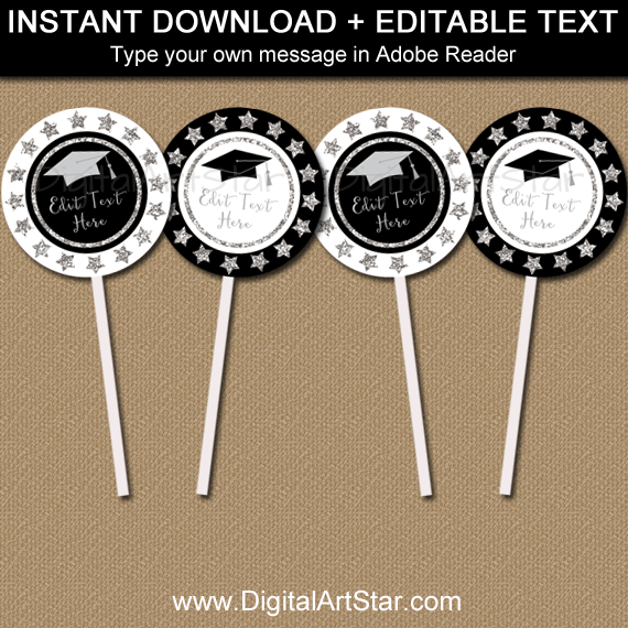 Instant Download Black White Silver Graduation Cupcake Toppers