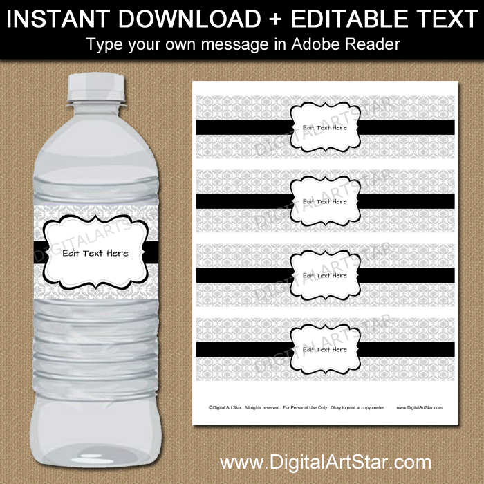 Printable Silver Water Bottle Labels with Black Accents