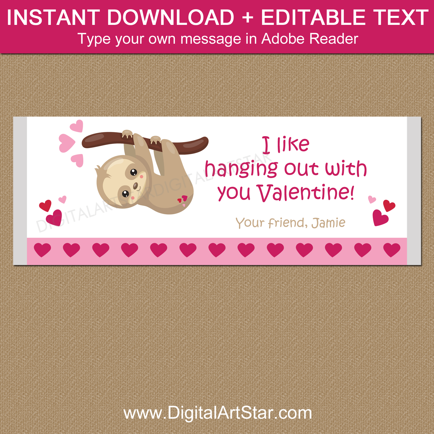 Sloth Valentine Candy Bar Wrapper Template Editable