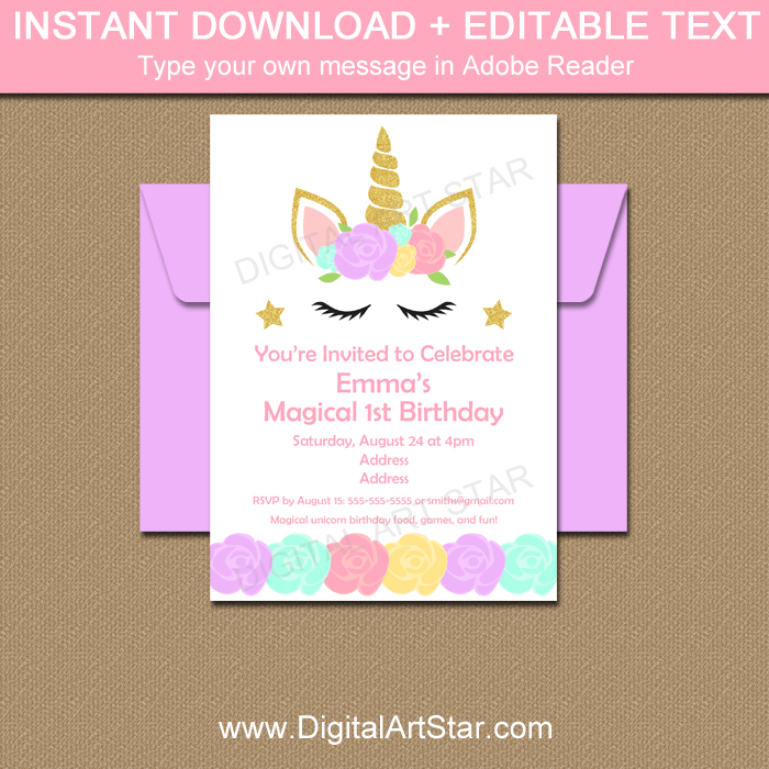 Instant Download Unicorn Birthday Party Invitation Editable Template