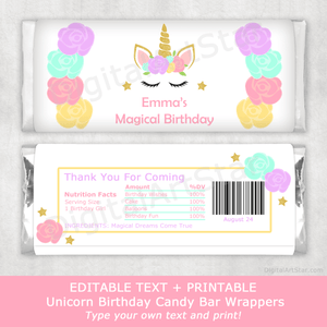 Unicorn Birthday Party Supplies - Printable Candy Bar Wrappers