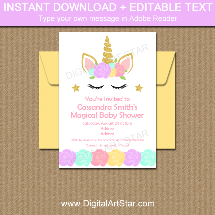 Editable Unicorn Face Baby Shower Invitations Download