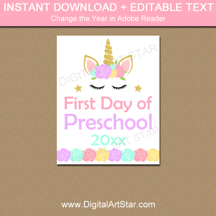 Unicorn First Day of Preschool Sign Editable Download