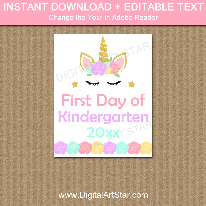 Instant Download Unicorn First Day of Kindergarten Sign Template