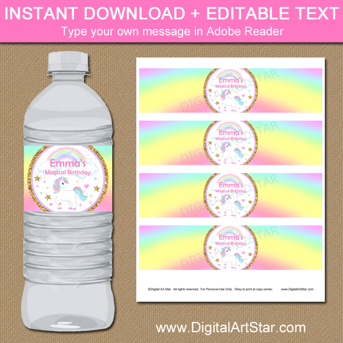 Unicorn Rainbow Birthday Water Bottle Labels