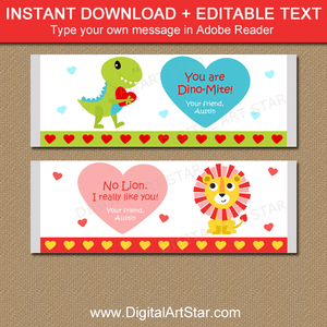 Lion and Dinosaur Valentine Candy Bar Wrappers Printable