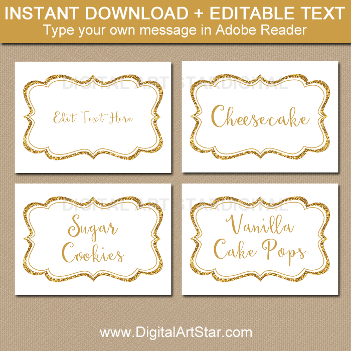 Instant Download Gold Glitter Wedding Labels and Tent Cards